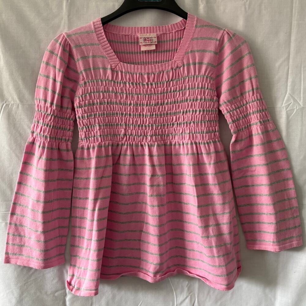 Sugar XX Y2K Smocked Babydoll Style Sweater Top Pink Gray Stripes Small/Medium